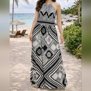 London Style Size 14 Paisley Halter Maxi Dress Black White Resort Summer